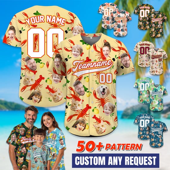 Custom Hawaiian Baseball Jersey with Face Personalized Jersey with Name Number Bachelor Party Shirt Family Matching Tee Crawfish Season