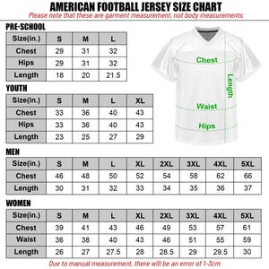 May include: American football jersey size chart with measurements in inches for pre-school, youth, men, and women sizes. The chart includes chest, hips, waist, and length measurements.