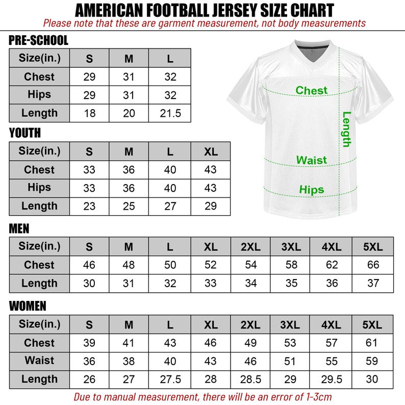 May include: American football jersey size chart with measurements in inches for pre-school, youth, men, and women sizes. The chart includes chest, hips, waist, and length measurements.