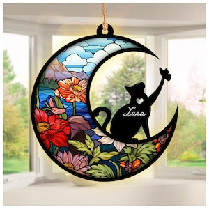Customizable Name & Cat Pose Suncatcher Ornament, Acrylic Windows Hangings Handmade Cat Decor, Pet loss sympathy gift, Cat Memorial Ornament