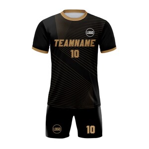 May include: Black and gold soccer jersey and shorts with a geometric pattern. The jersey has the text "TEAMNAME" and the number "10" on the front. The shorts have the number "10" on the right leg and a logo on the left leg.