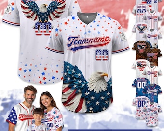 May include: White baseball jerseys with patriotic eagle and star designs. The jerseys feature the text "YOUR NAME" and "Teamname", along with the number "00". The image also shows a family wearing similar jerseys, and the text "CUSTOM ANY REQUEST".