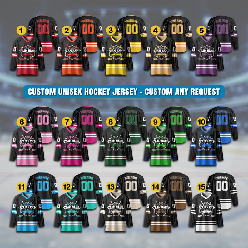 May include: Collection of fifteen custom unisex hockey jerseys in various colors, including black, red, orange, yellow, brown, pink, green, blue, and white. Each jersey features a team name, number, and customizable text. The text "CUSTOM UNISEX HOCKEY JERSEY - CUSTOM ANY REQUEST" is displayed.