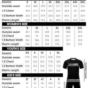 Puede incluir: Tabla de tallas de camiseta de f&uacute;tbol con medidas en pulgadas para hombres, mujeres, j&oacute;venes y ni&ntilde;os. La tabla incluye medidas para la costura exterior, 1/2 pecho, 1/2 ancho inferior y la longitud de los pantalones cortos.