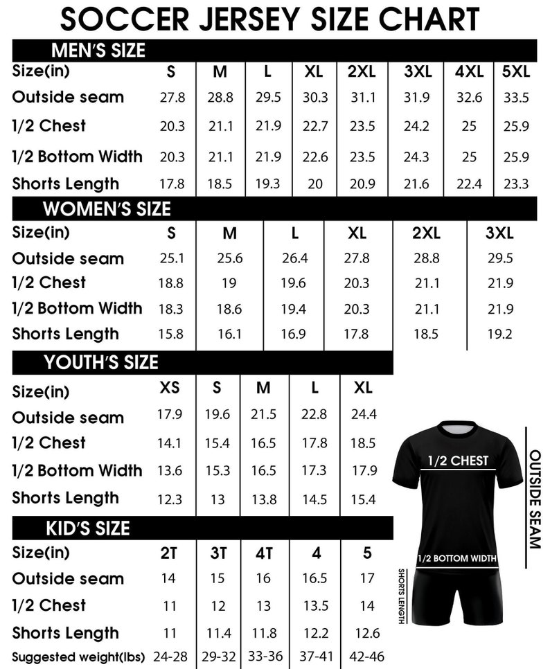 Puede incluir: Tabla de tallas de camiseta de f&uacute;tbol con medidas en pulgadas para hombres, mujeres, j&oacute;venes y ni&ntilde;os. La tabla incluye medidas para la costura exterior, 1/2 pecho, 1/2 ancho inferior y la longitud de los pantalones cortos.