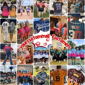 Pode incluir: Uma colagem de imagens mostrando camisas de beisebol personalizadas e roupas de equipe. As camisas apresentam v&aacute;rias cores, n&uacute;meros e nomes. O texto "your custommall Customers" &eacute; exibido com emojis de cora&ccedil;&atilde;o.
