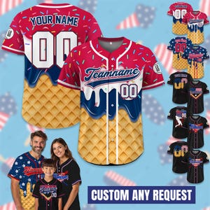 Custom American Flag Ice Cream Drip Baseball Jersey, Personalized USA Jersey with Name Number, 4th of July Shirt, Patriotic Gift For Men