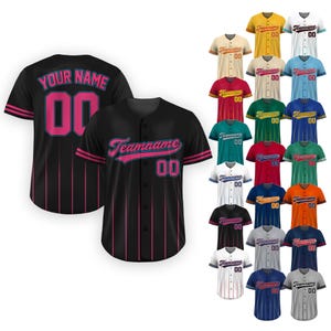Benutzerdefinierte Baseball Jersey mit Team Name Number, Jersey Shirt für Männer Frauen Jugend Kind, Geschenke für Baseball-Fans Farbverlauf Nadelstreifen Schwarz Pink