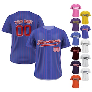 Printed Royal Blue Red Pinstripe Custom Baseball Jersey with Teamname Name Number, Jerseys Shirt for Men Women Youth, Gift for Baseball Fans