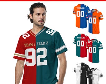 Camisa de futebol personalizada com duas cores de qualquer time, uniforme dividido ao meio, camisa de manga curta personalizada para amantes do futebol.