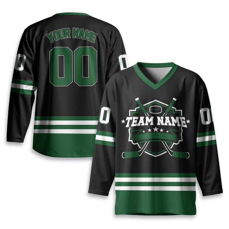 May include: Black hockey jersey with green and white accents. The jersey features the text "YOUR NAME" and the number "00" on the back. The front displays a hockey-themed logo with the text "TEAM NAME".