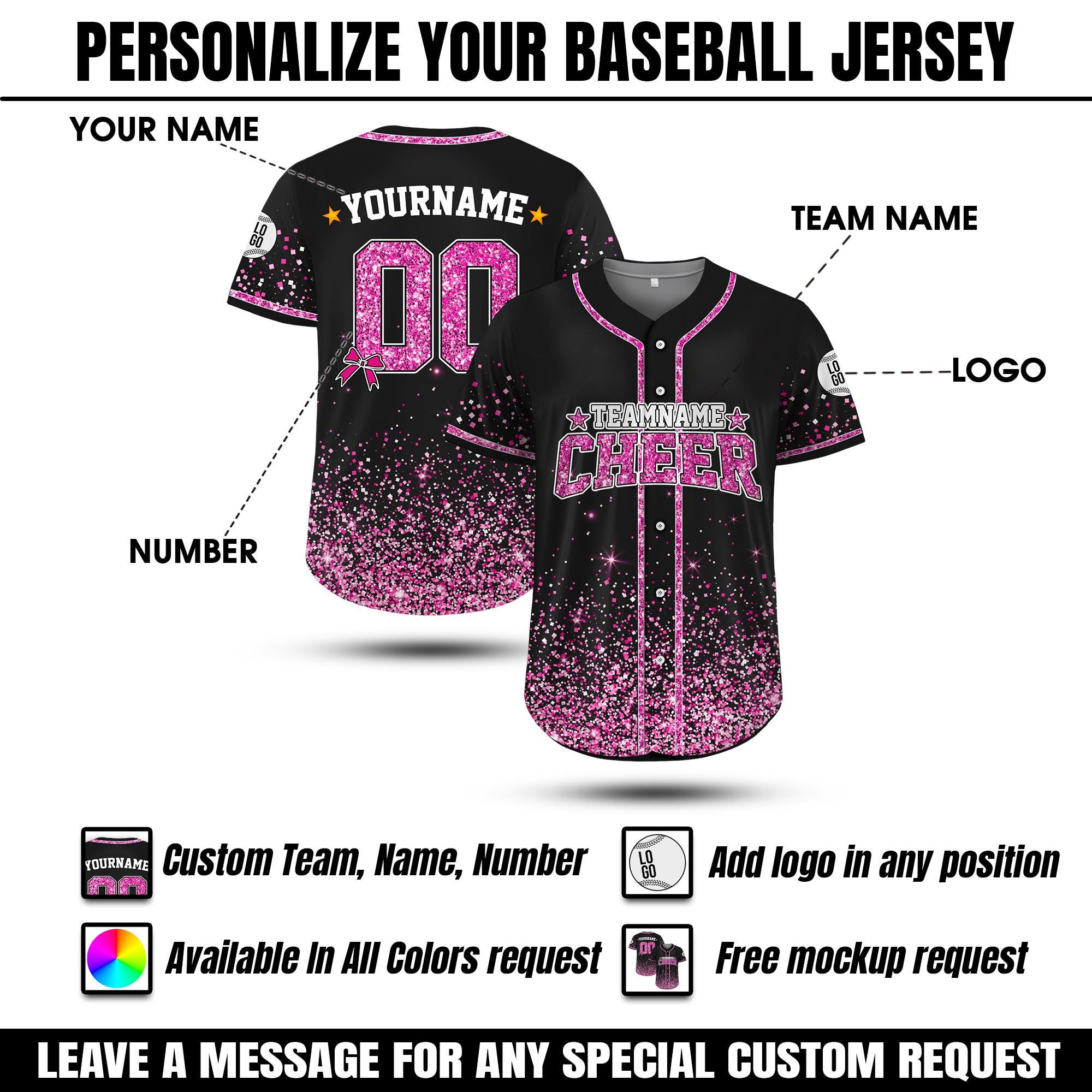 Personalisiertes Glitzer-Baseball-Trikot mit Teamnamen und -nummer für Erwachsene und Kinder, Cheerleading-Shirt mit individuellem Namen für Cheerleader, Faux Cheer Glitter Jersey