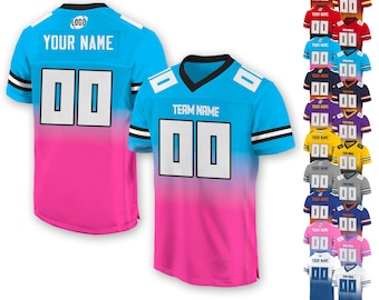 Camiseta de fútbol personalizada con nombre y número de equipo para hombres, mujeres y jóvenes en edad preescolar. Camiseta de fútbol personalizada con cuello en V, azul y rosa.