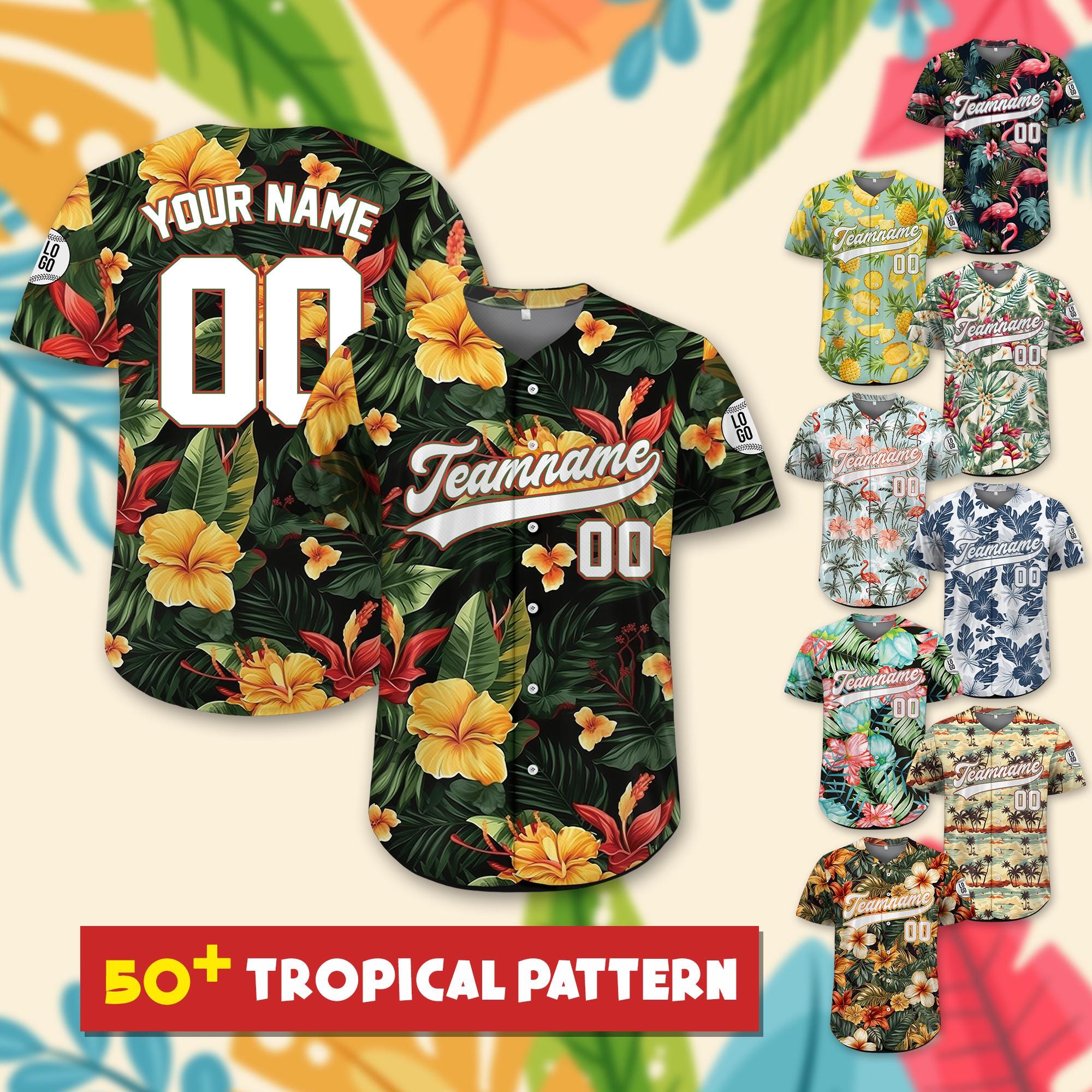 Personalized Hawaiian Baseball Jersey with Team Name Number, Custom Hawaii Floral Shirt for Men Women Youth Kid Jersey Button Down Shirt