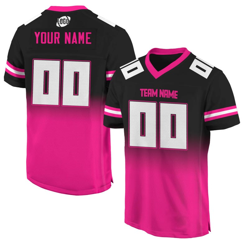 May include: Black and pink football jersey with white accents. The jersey has a gradient design with a black top and pink bottom. The jersey has a white number "00" on the front and back. The jersey has the text "TEAM NAME" on the front and "YOUR NAME" on the back.