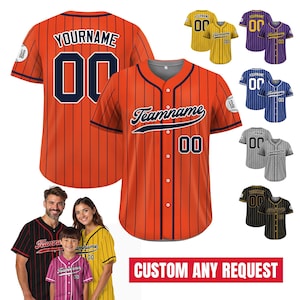 Camiseta de béisbol personalizada con nombre del equipo, número, camiseta para hombres, mujeres y jóvenes, camiseta personalizada con botones a rayas estampada en naranja y azul marino
