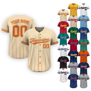 Kundenspezifisches Baseballtrikot mit Team-Namensnummer, Jersey-Hemd für Männer-Frauen-Jugendkind, Geschenke für Baseball-Fans Farbverlauf Nadelstreifen Sand Orange