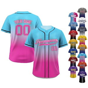 Kundenspezifisches Baseball-Jersey mit Teamname-Namenszahl, gedrucktes rosa blaues Jerseys-Hemd für Männer Frauen-Jugend-Kind, Geschenke für Baseball-Fans