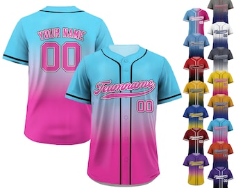 Custom Baseball Jersey with Teamname Name Number, Printed Pink Blue Gradient Jerseys Shirt for Men Women Youth Kid, Gifts for Baseball Fans