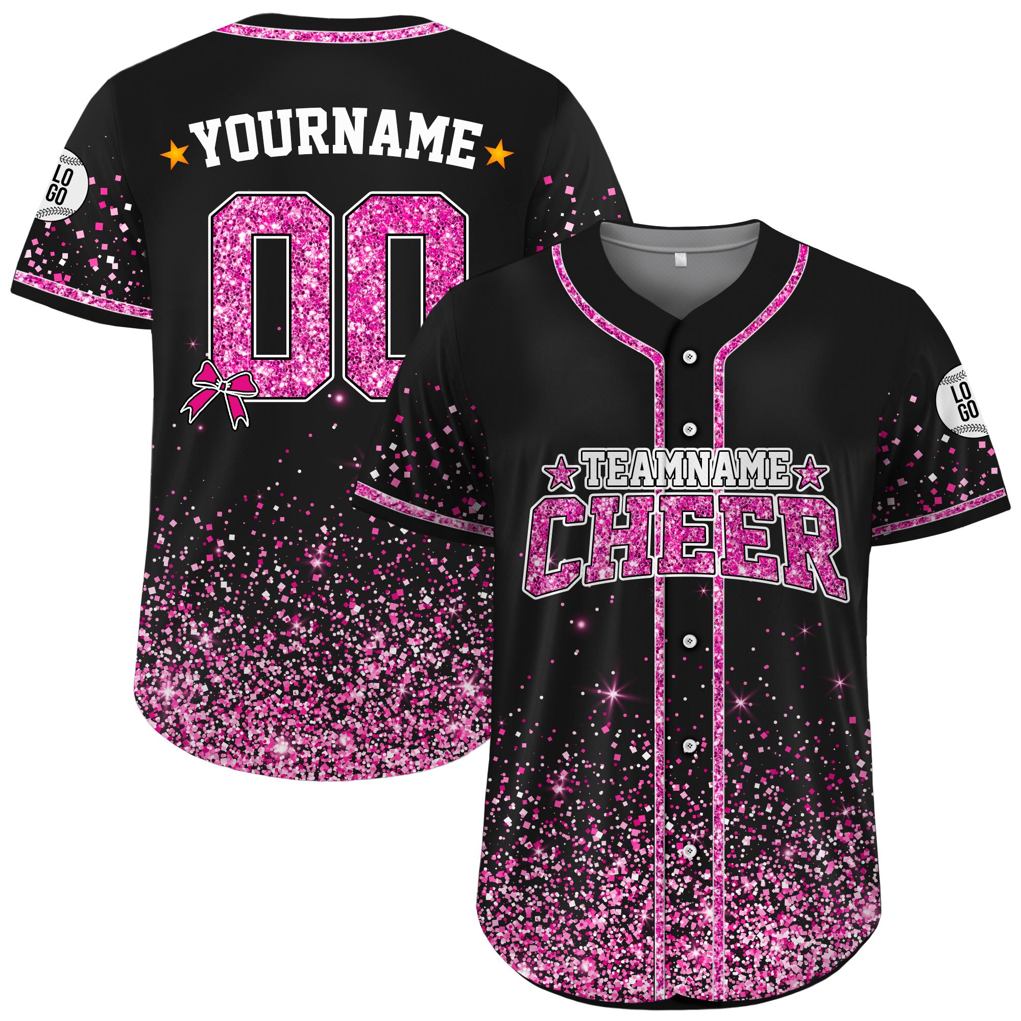 Personalisiertes Glitzer-Baseball-Trikot mit Teamnamen und -nummer für Erwachsene und Kinder, Cheerleading-Shirt mit individuellem Namen für Cheerleader, Faux Cheer Glitter Jersey