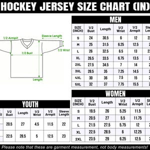 May include: Hockey jersey size chart in inches, with measurements for men, women, and youth sizes. Includes bust, length, wrist, armpit, and sleeve length measurements for each size, from S to 5XL.