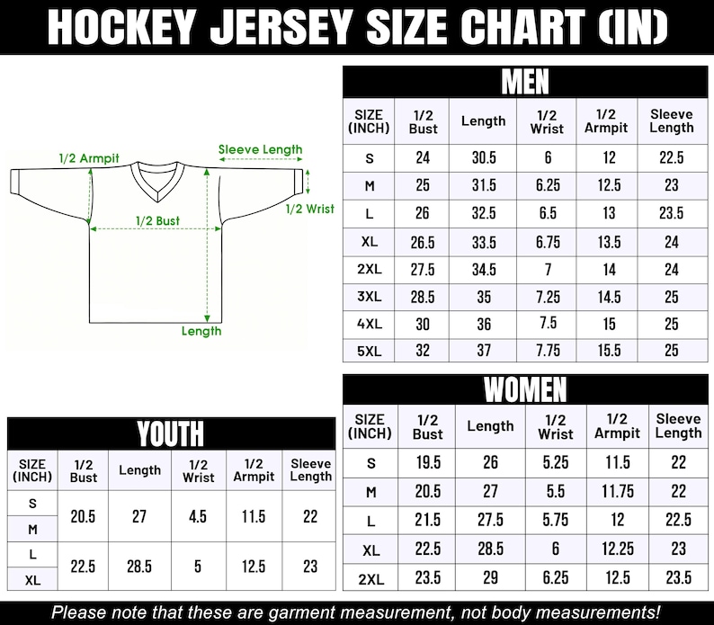 May include: Hockey jersey size chart in inches, with measurements for men, women, and youth sizes. Includes bust, length, wrist, armpit, and sleeve length measurements for each size, from S to 5XL.