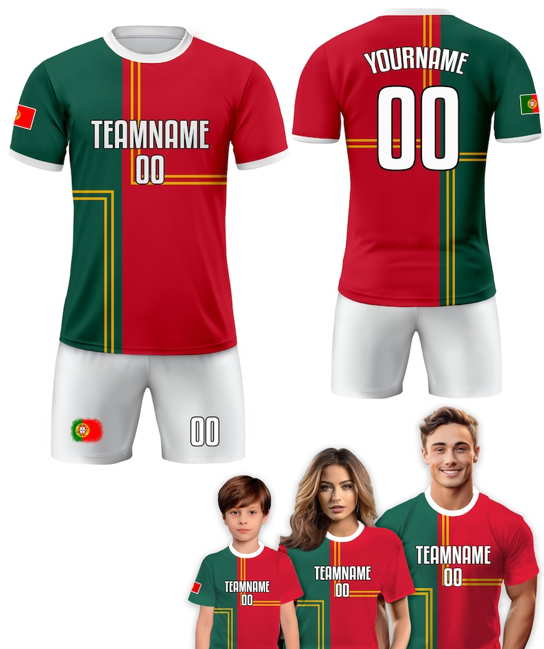 May include: A set of four soccer jerseys with the Portuguese flag on the sleeve. The jerseys are green, red, and white with the text "TEAMNAME 00" on the front. The jerseys are shown on four people, including a child.