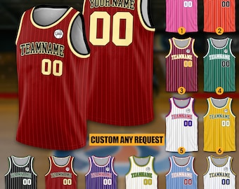 Camiseta de baloncesto personalizada con nombre y número de equipo para adultos, jóvenes y niños. Camiseta de baloncesto personalizada a rayas sin mangas. Camisetas de baloncesto para fiestas.