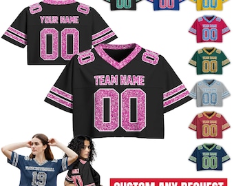Camiseta corta negra y rosa personalizada para mujeres y niñas, camiseta de fútbol personalizada para animadoras, camiseta brillante con purpurina, atuendo de concierto.