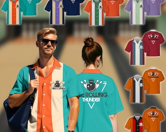 Custom Retro Bowling Shirts for Men Vintage Short Sleeve Button Down Casual Shirts for Adult Kid Bowling Team Uniform Bowling Hawaiian Shirt