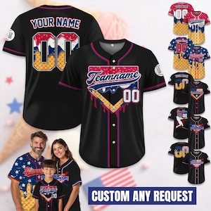 May include: Black baseball jersey with red and blue accents, featuring a waffle cone design with the text "Teamname" and the number "00". The jersey is displayed with other variations and a family wearing similar jerseys.