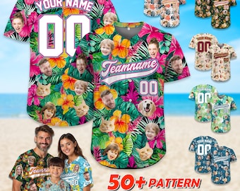 Tropical Custom Face Baseball Jersey Hawaiian Shirt for Summer Vibes Matching Friends Outfit Bachelor Party Shirt Gift for Couple Family