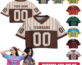 Personalize Women’s Pinstripe Cropped Football Jersey, Custom Team Name Short Sleeve Sports Tee, Concert Outfit Ideas Gift for Girlfriend