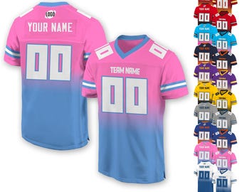 Camiseta de fútbol personalizada con nombre y número de equipo para adultos y jóvenes, camiseta de fútbol personalizada para aficionados al fútbol americano, camiseta rosa y azul degradado.