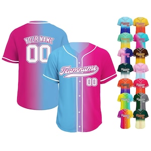 Gedrucktes kundenspezifisches Baseballjersey mit blau-rosa Farbverlauf mit Teamname-Namensnummer, Jerseys-Hemd für Männer, Frauen, Jugend, Kind, Geschenke für Baseball-Fans
