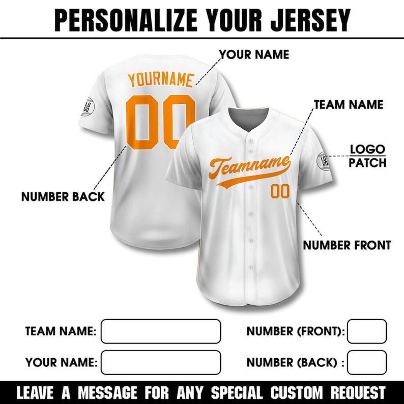 Pode incluir: Camisola de beisebol branca com letras e n&uacute;meros laranja. A camisola apresenta o texto "Teamname" na frente e "YOURNAME" e o n&uacute;mero "00" nas costas. A imagem inclui o texto "PERSONALIZE A SUA CAMISOLA".