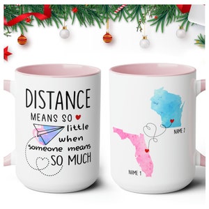 Long Distance Relationships Coffee Mugs with Custom Name City State Map, Distance Coffee Mugs 11oz 15oz for Friendship Moving Away Gifts