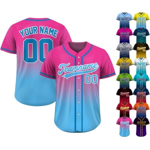 Printed Gradient Custom Baseball Jersey with Teamname Name Number, Jerseys Shirt for Men Women Youth Kid Gifts for Baseball Fans Blue Pink