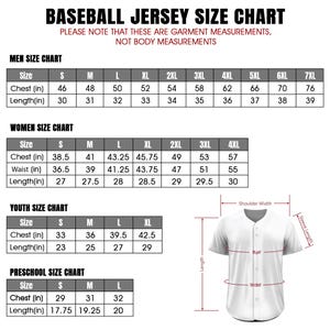 K&ouml;nnte beinhalten: Baseball-Trikot-Gr&ouml;&szlig;entabelle mit Ma&szlig;en in Zoll f&uuml;r Herren, Damen, Jugendliche und Vorschulkinder. Die Tabelle enth&auml;lt Brust-, Taillen- und L&auml;ngenma&szlig;e.