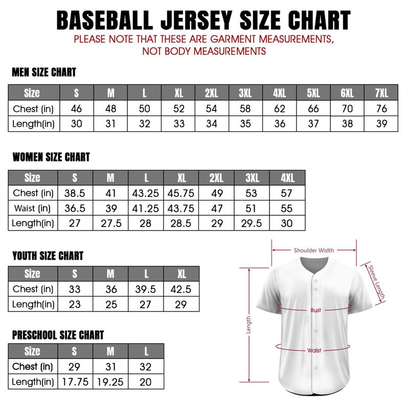K&ouml;nnte beinhalten: Baseball-Trikot-Gr&ouml;&szlig;entabelle mit Ma&szlig;en in Zoll f&uuml;r Herren, Damen, Jugendliche und Vorschulkinder. Die Tabelle enth&auml;lt Brust-, Taillen- und L&auml;ngenma&szlig;e.