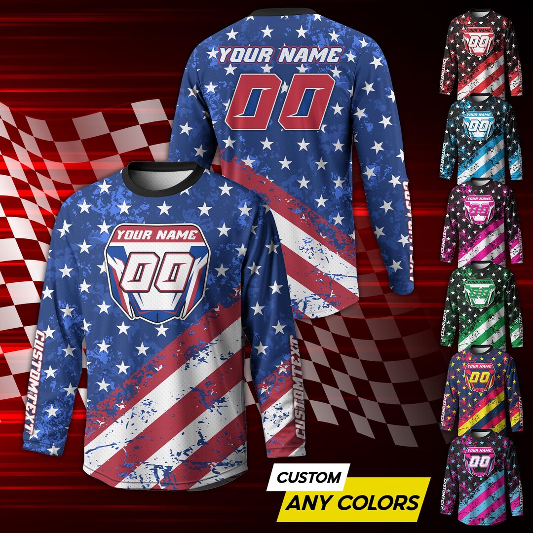 Custom American Flag Motocross Long Sleeve Shirt for Adult Youth