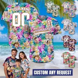 May include: Custom baseball jerseys with floral patterns and personalized faces. The jerseys feature the text "YOUR NAME" and "Teamname" with the number "00". The image also shows a family wearing similar custom shirts.