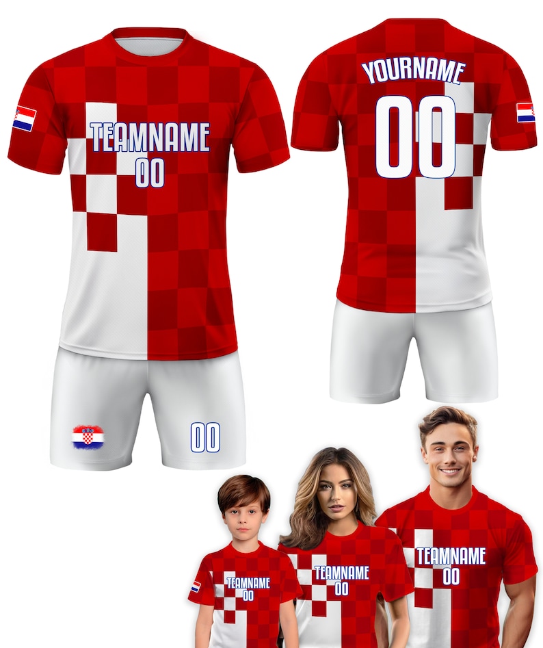 Puede incluir: Un conjunto de cuatro camisetas de f&uacute;tbol con un patr&oacute;n a cuadros en rojo y blanco. Las camisetas presentan la bandera croata y el texto "TEAMNAME 00".