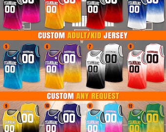 Camiseta de baloncesto personalizada con degradado, nombre del equipo, número y logotipo para adultos, niños y jóvenes. Regalo ideal para los amantes del baloncesto. Camiseta sin mangas de baloncesto.