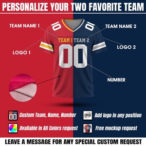 Puede incluir: Un dise&ntilde;o de camiseta de f&uacute;tbol personalizable, dividido en rojo y azul marino, con n&uacute;meros y texto en blanco. La imagen incluye el texto "PERSONALIZE YOUR TWO FAVORITE TEAM" y opciones para nombres de equipos, logotipos y n&uacute;meros personalizados.