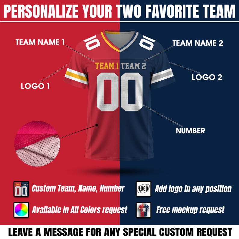 Puede incluir: Un dise&ntilde;o de camiseta de f&uacute;tbol personalizable, dividido en rojo y azul marino, con n&uacute;meros y texto en blanco. La imagen incluye el texto "PERSONALIZE YOUR TWO FAVORITE TEAM" y opciones para nombres de equipos, logotipos y n&uacute;meros personalizados.
