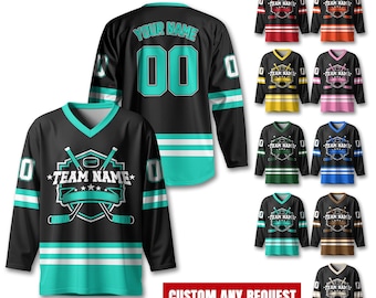 Camiseta de hockey unisex personalizada con nombre, número y logotipo del equipo. Camiseta deportiva de hockey con cuello en V personalizada para hombres y mujeres. Regalo para fanáticos del hockey.