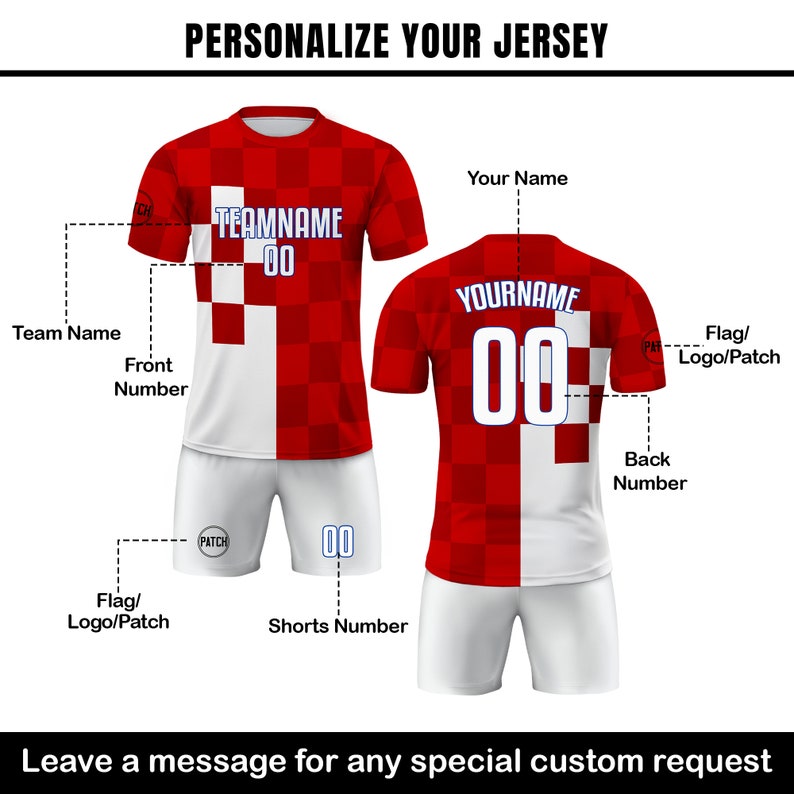 Puede incluir: Una plantilla de camiseta de f&uacute;tbol personalizable con un patr&oacute;n de cuadros rojos y blancos. La camiseta tiene espacio para un nombre de equipo, un nombre de jugador y n&uacute;meros en la parte delantera y trasera. Tambi&eacute;n incluye un espacio para un parche de bandera o logotipo.