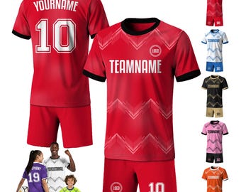 Anpassad fotbollströja för herrar kvinnor ungdom barn, personlig tröja med namnlogotyp nummer, röd fotbollströja