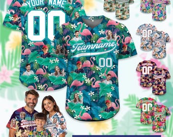 Custom Hawaiian Baseball Jersey with Face Teamname Name Number, Personalized Hawaii Floral Shirt for Men Women Youth Preschool Button Shirt